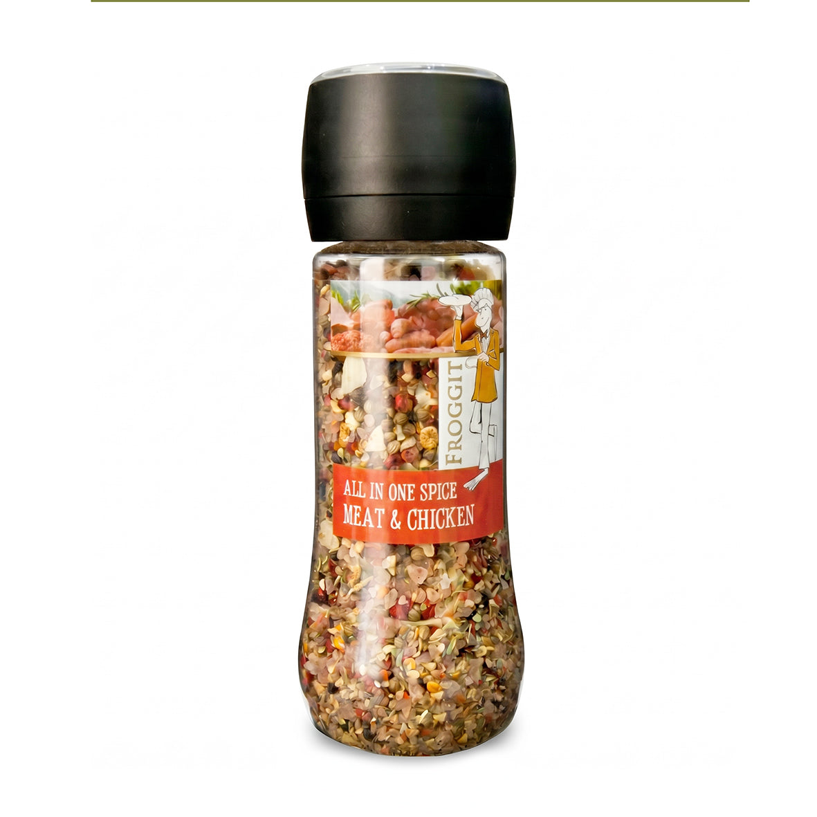 250g bottle of all-in-one meat and chicken spice blend with black grinder cap