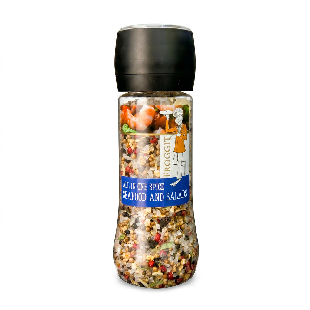 Clear 250g seafood and salad spice grinder with black top and mixed peppercorn seasoning