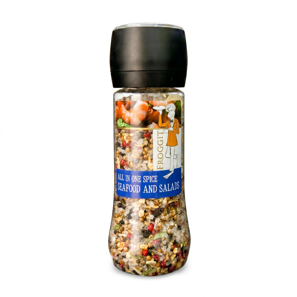 Clear 250g seafood and salad spice grinder with black top and mixed peppercorn seasoning