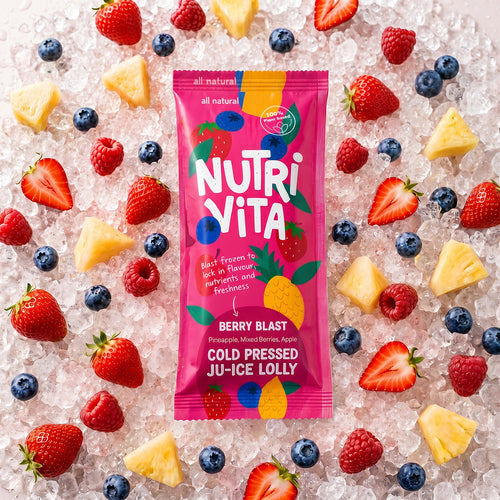 Nutri Vita Berry Blast juice lolly packet on crushed ice with strawberries, raspberries, blueberries and pineapple
