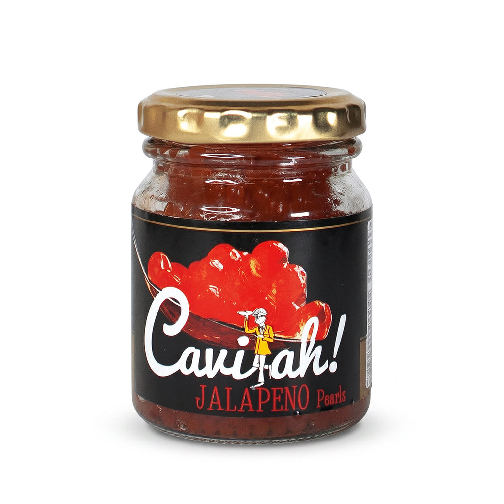 125ml glass jar of Cavi-art jalapeño pearls with black label and gold lid