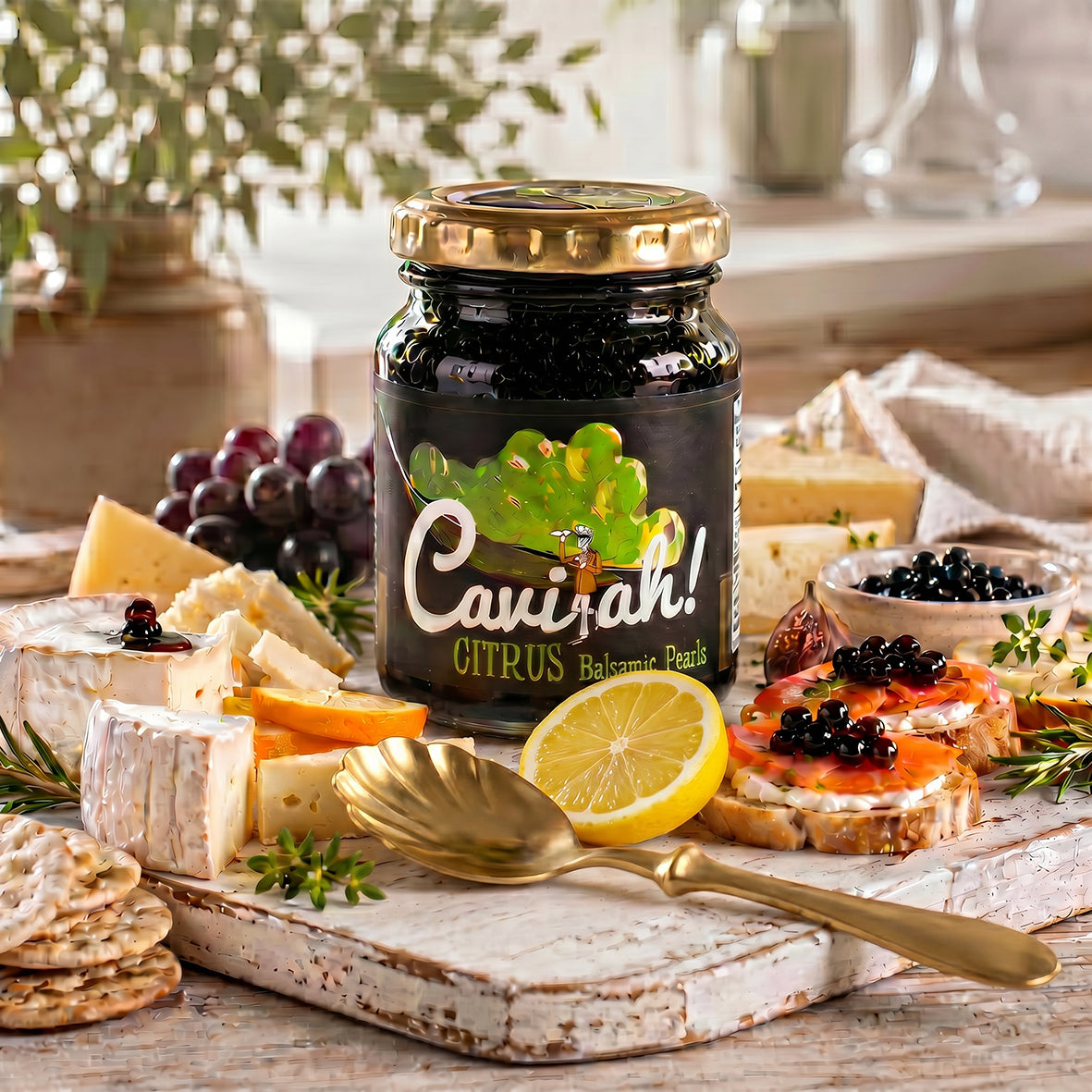 Jar of Cavi-ah Citrus balsamic pearls with gold lid, alongside cheese, crackers, lemon and topped crostini