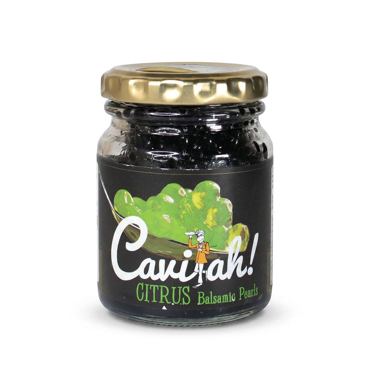 Cavi-ah Citrus balsamic pearls in a 125ml glass jar with a gold lid