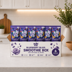 Blueberry Bliss Smoothie Box with six purple Nutri Vita smoothie pouches on a kitchen counter