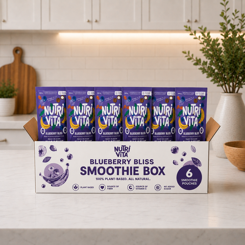 Blueberry Bliss Smoothie Box with six purple Nutri Vita smoothie pouches on a kitchen counter