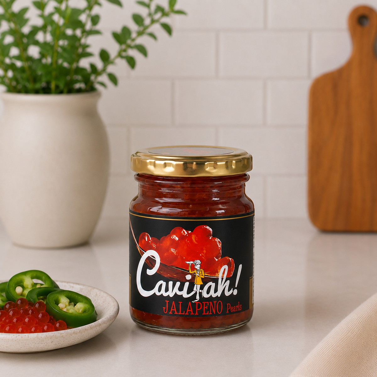 Jar of Cavi-ah Jalapeno red pearls with gold lid, beside sliced green jalapenos and red pearls