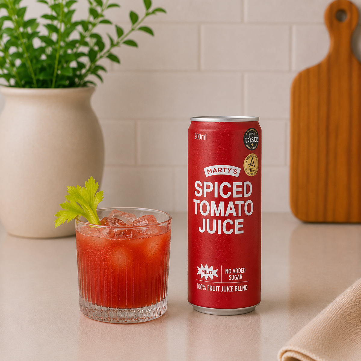Can of spiced tomato juice beside an iced glass garnished with celery on a kitchen counter