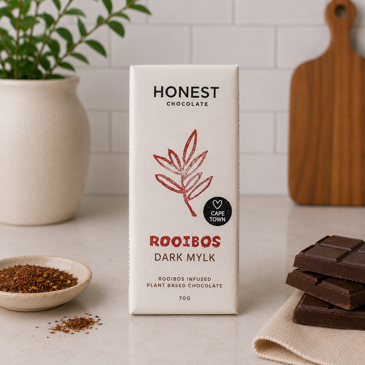 Honest Chocolate Rooibos Dark Mylk bar beside stacked chocolate pieces and loose rooibos tea
