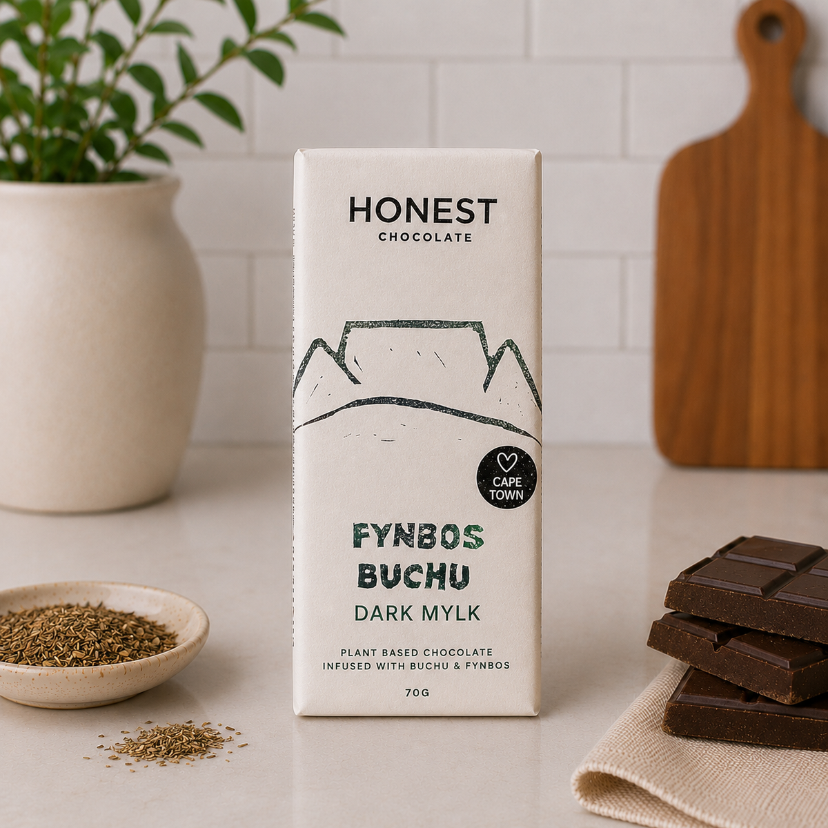 Honest Chocolate Fynbos Buchu dark mylk chocolate bar with stacked chocolate pieces and dried herbs