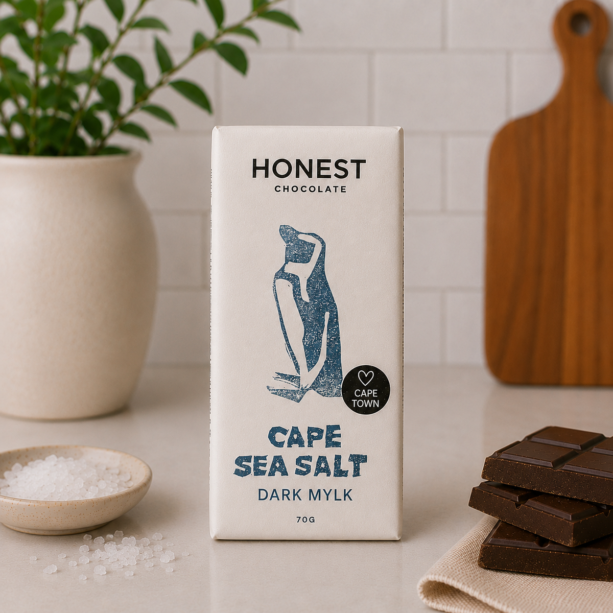 Honest Chocolate Cape Sea Salt dark mylk bar package with chocolate squares and coarse salt
