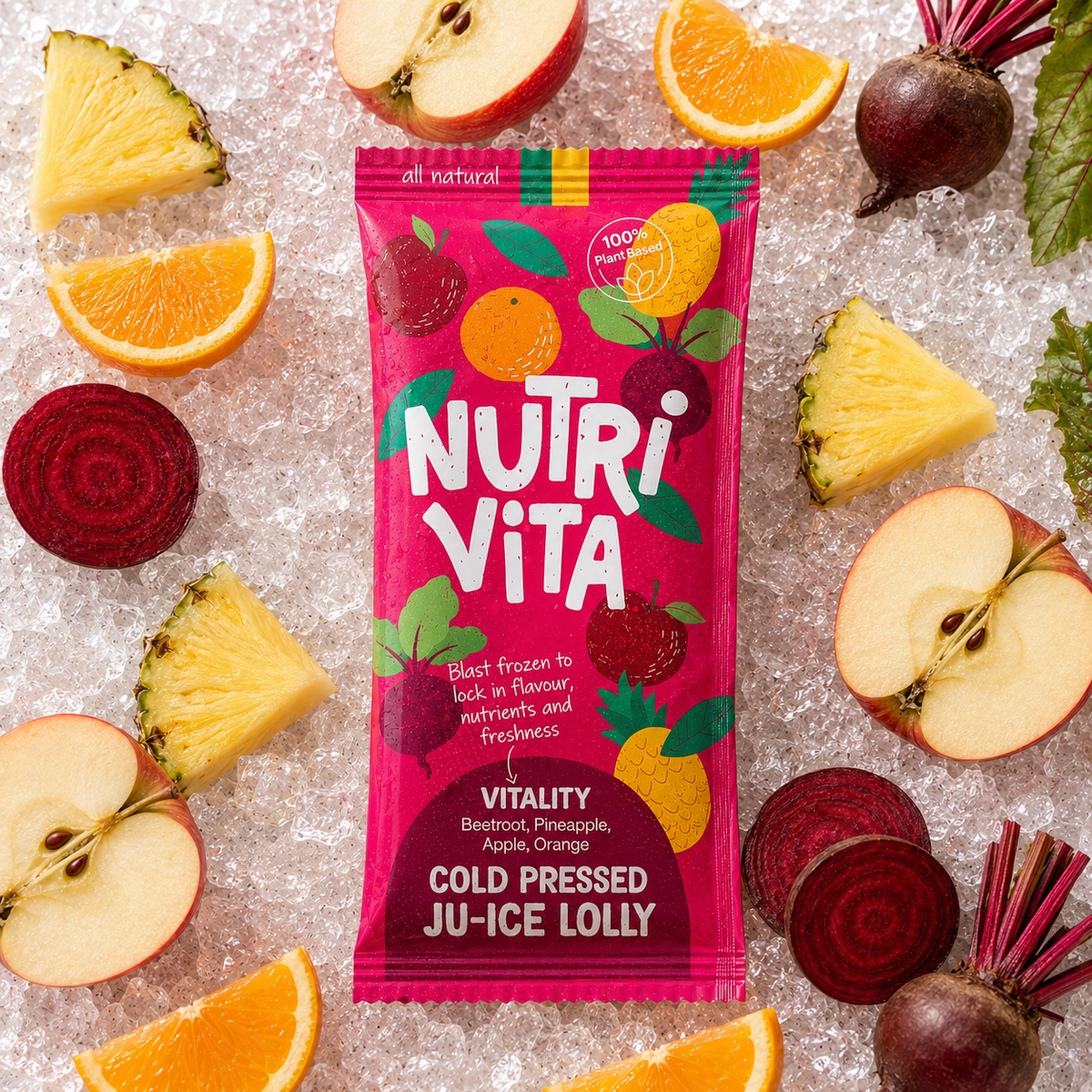 Nutri Vita Vitality cold-pressed juice lolly packet on ice with apple, orange, pineapple and beetroot