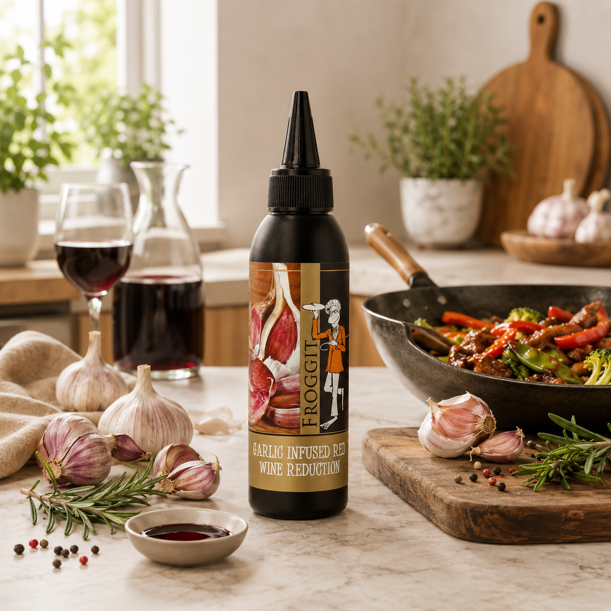 150ml bottle of garlic infused red wine reduction beside garlic, herbs and a pan of vegetables
