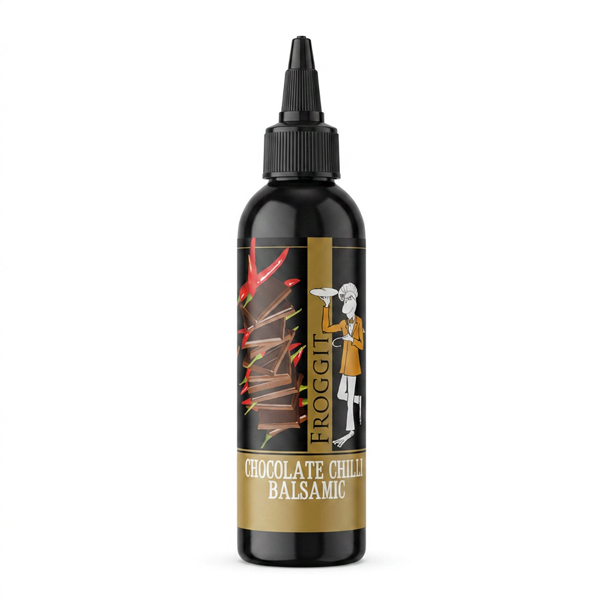 Froggit Chocolate Chilli Balsamic in a 150ml black squeeze bottle with pointed nozzle