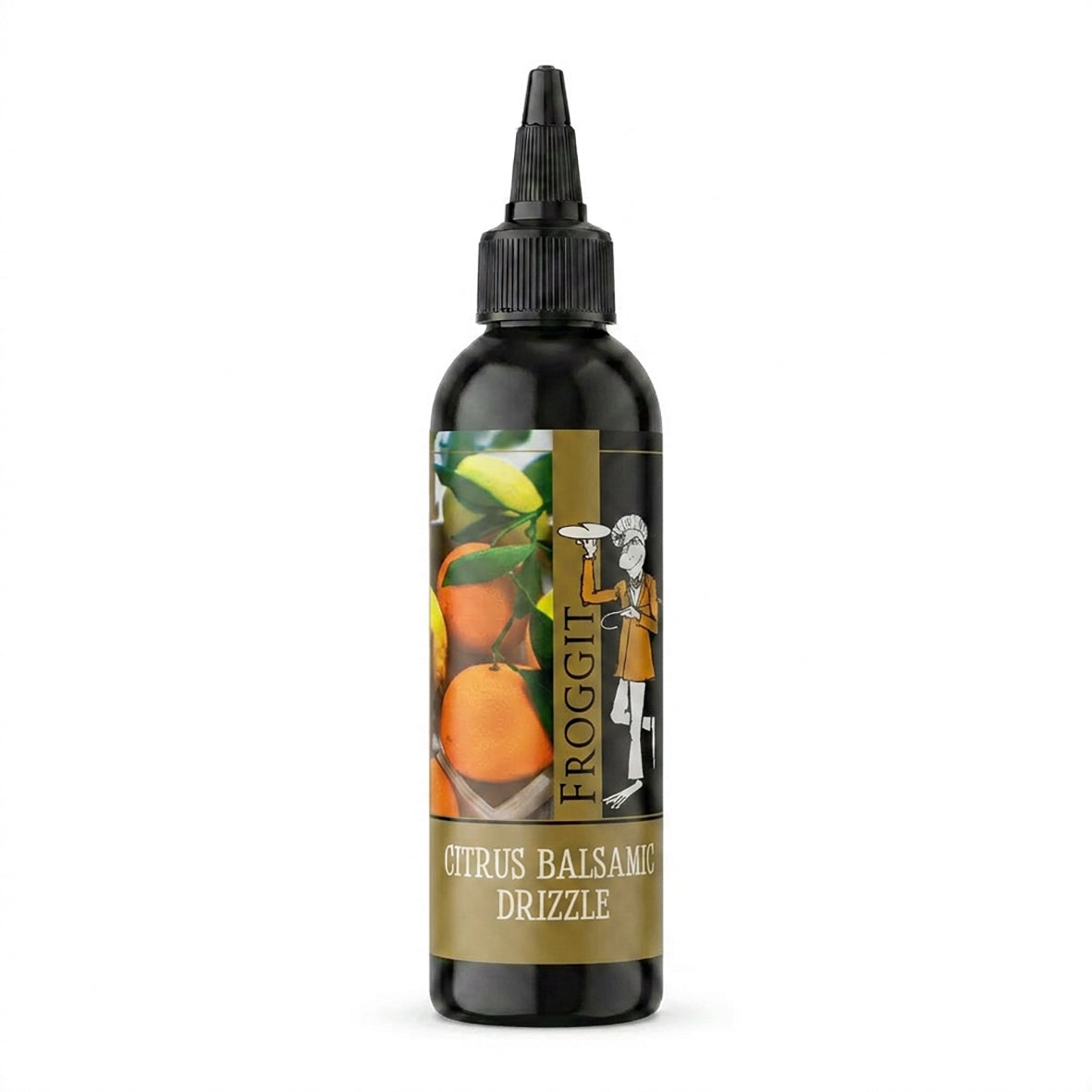 150ml black squeeze bottle of Froggit Citrus Balsamic Drizzle with citrus fruit label