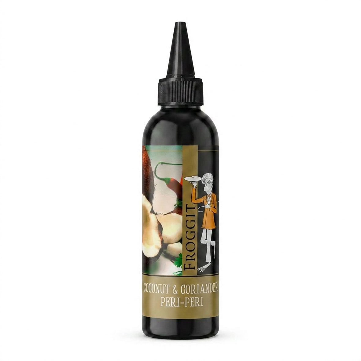 Black 150ml squeeze bottle of Froggit coconut, coriander and peri-peri sauce with pointed nozzle