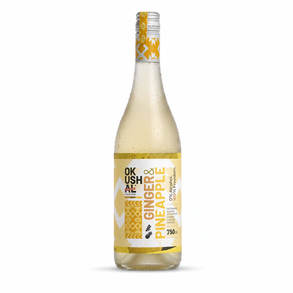 Okushal ginger and pineapple mocktail blend in a chilled 750ml glass bottle