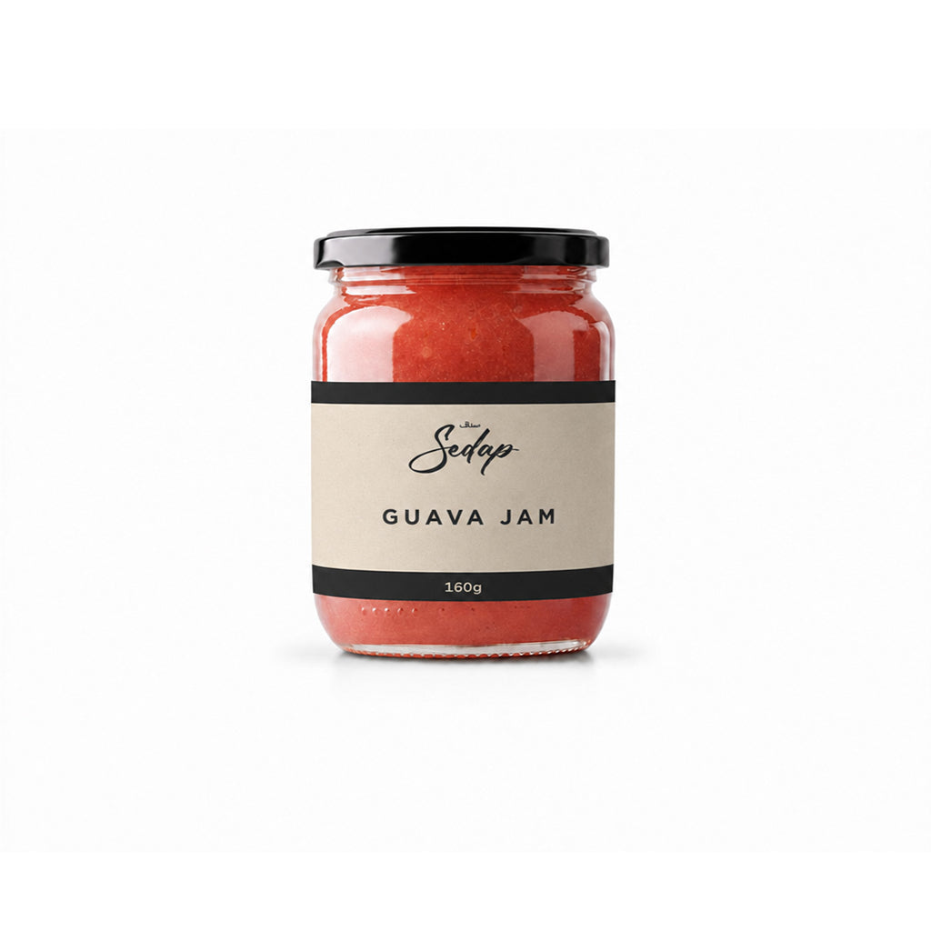 160g jar of red guava jam with a black lid and cream label on a white background
