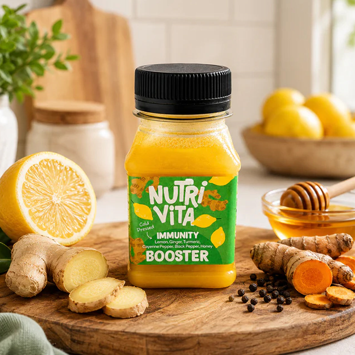 Bottle of yellow immunity booster with lemon, ginger, turmeric, honey and black pepper