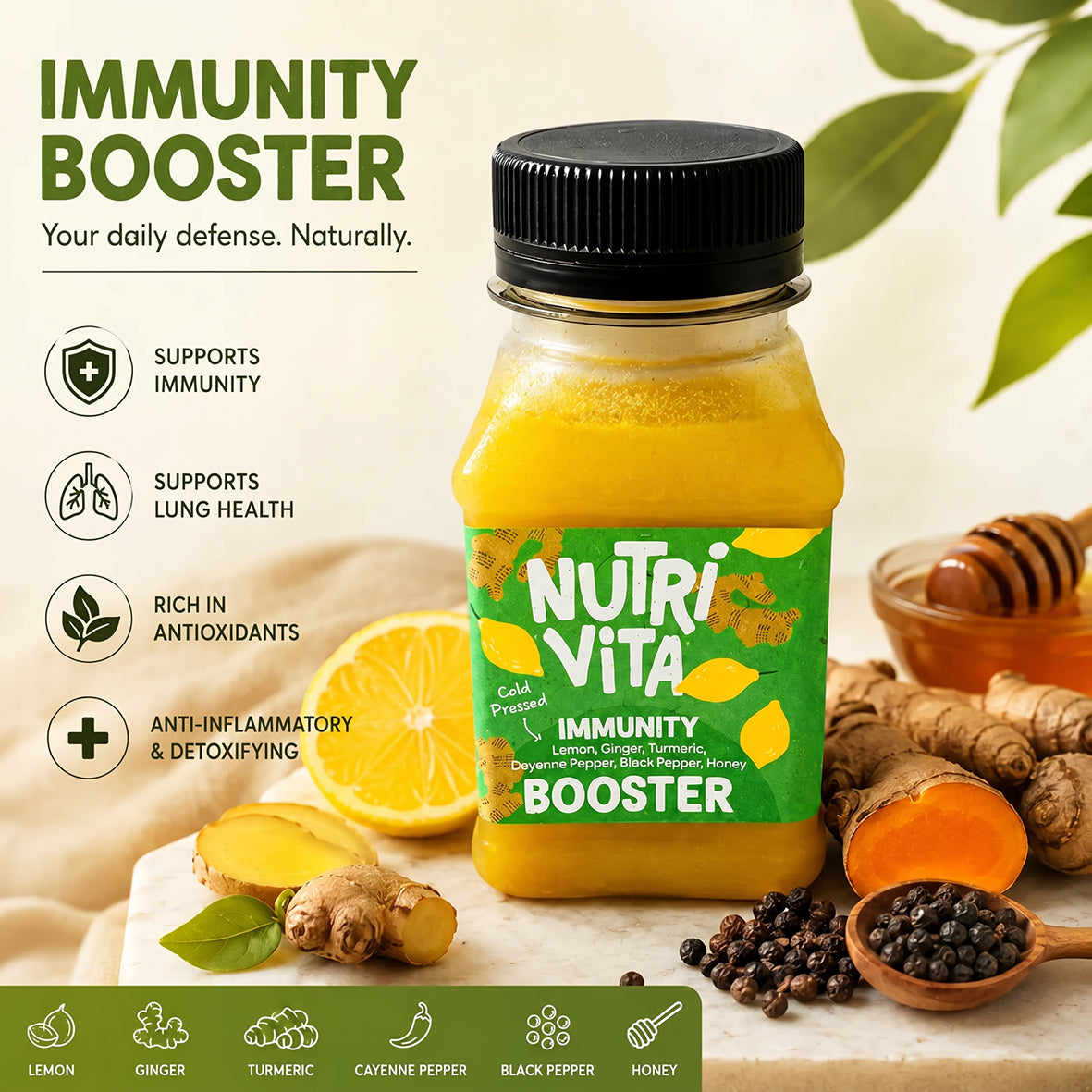 Nutri Vita Immunity Booster bottle with lemon, ginger, turmeric, black pepper and honey
