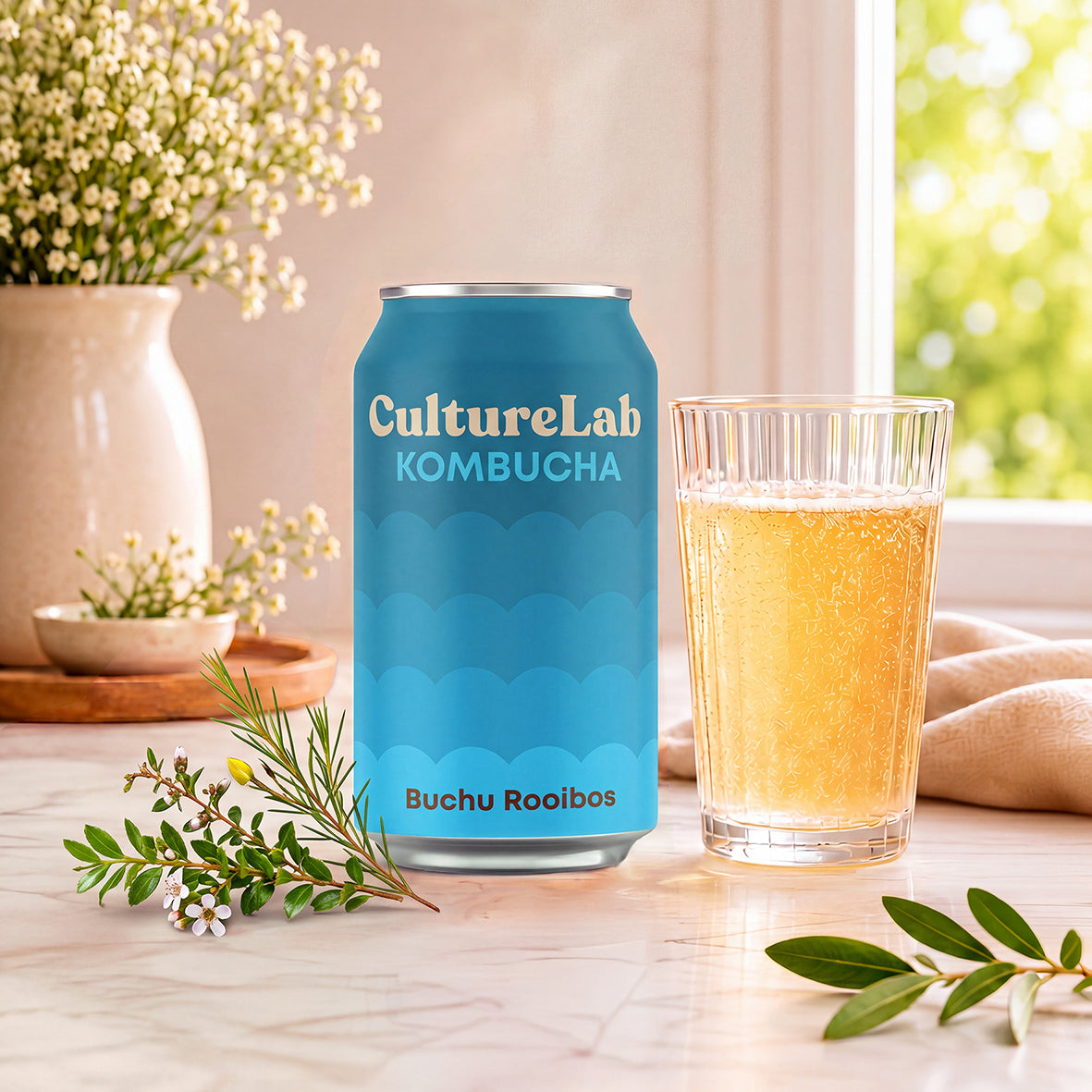Blue can of CultureLab Buchu Rooibos kombucha beside a glass of amber kombucha with botanical sprigs