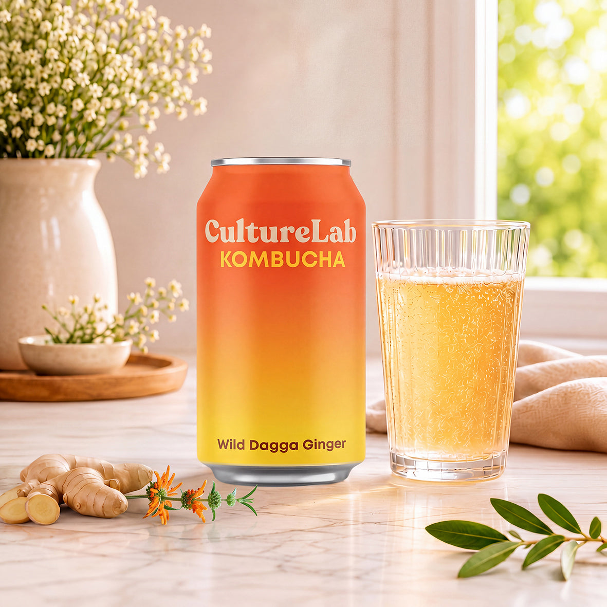 CultureLab Wild Dagga Ginger kombucha can beside a glass, fresh ginger and orange flowers