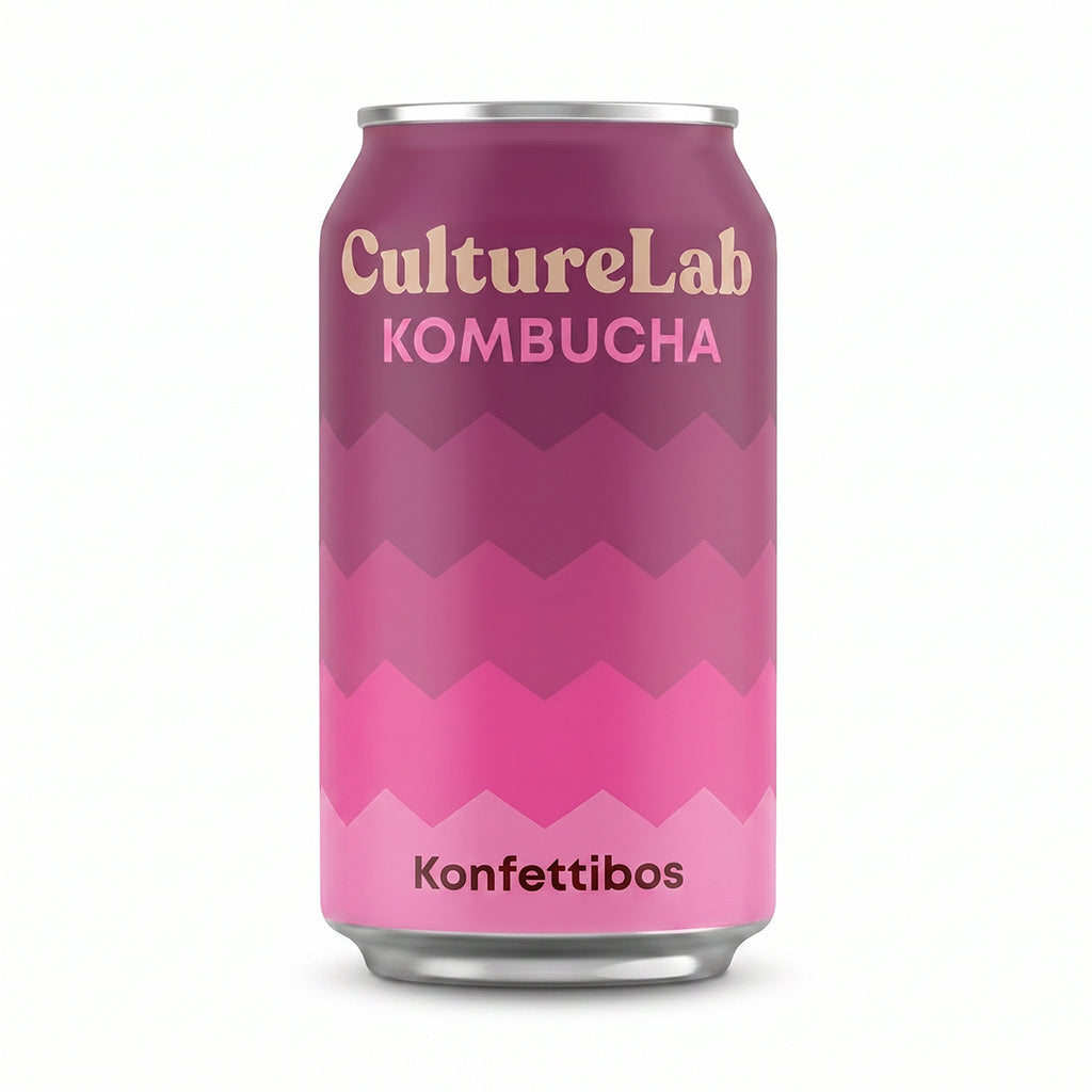 CultureLab Konfettibos kombucha can with a pink gradient geometric design on a white background