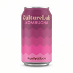 CultureLab Konfettibos kombucha can with a pink gradient geometric design on a white background