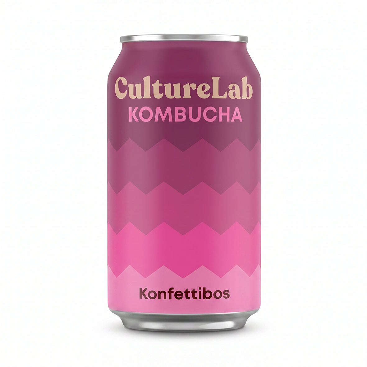 CultureLab Konfettibos kombucha can with a pink gradient geometric design on a white background