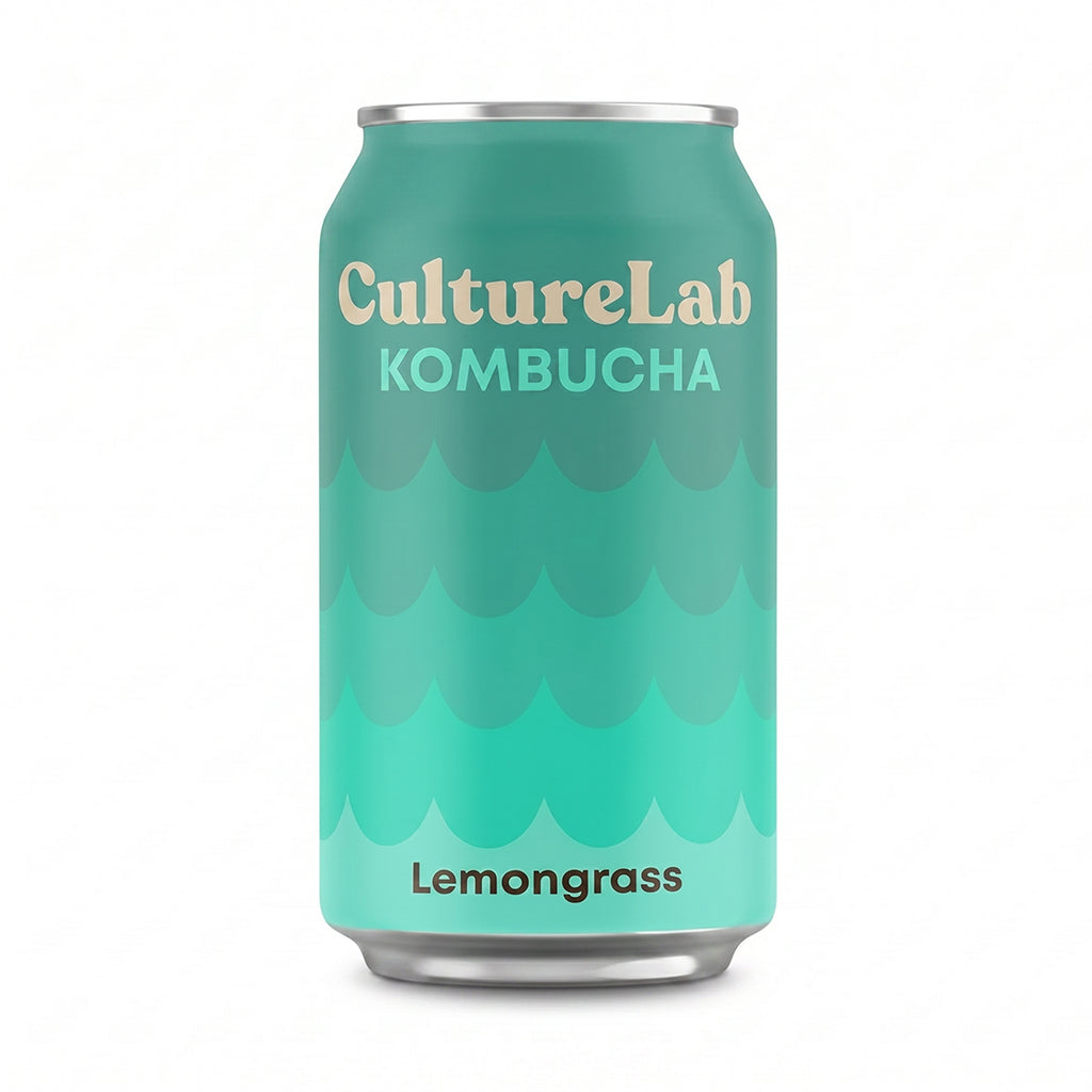 Turquoise CultureLab Lemongrass Kombucha can with a scalloped pattern on a white background