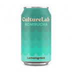 Turquoise CultureLab Lemongrass Kombucha can with a scalloped pattern on a white background