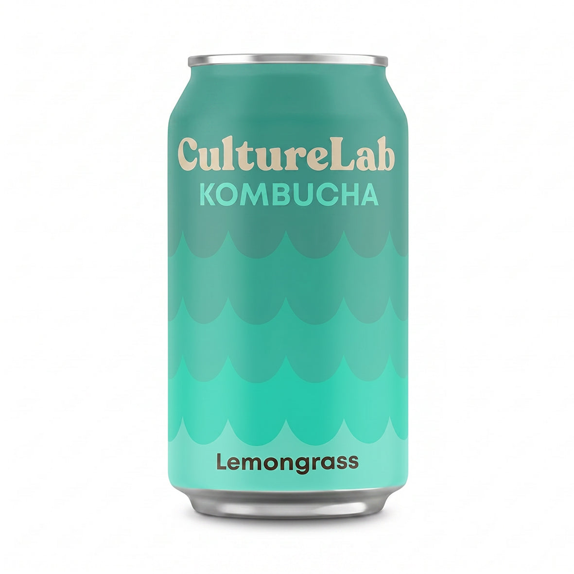 Turquoise CultureLab Lemongrass Kombucha can with a scalloped pattern on a white background