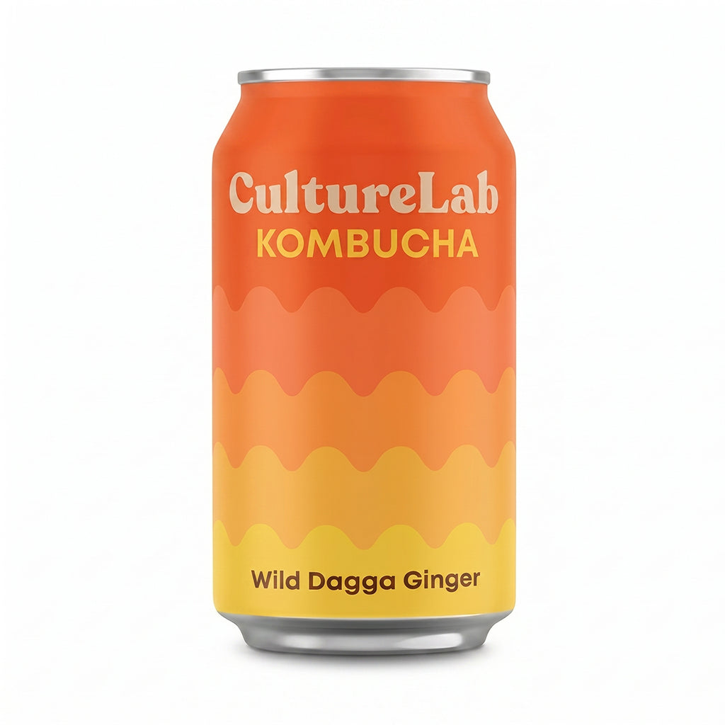 CultureLab Wild Dagga Ginger kombucha can with orange-to-yellow gradient and wavy pattern