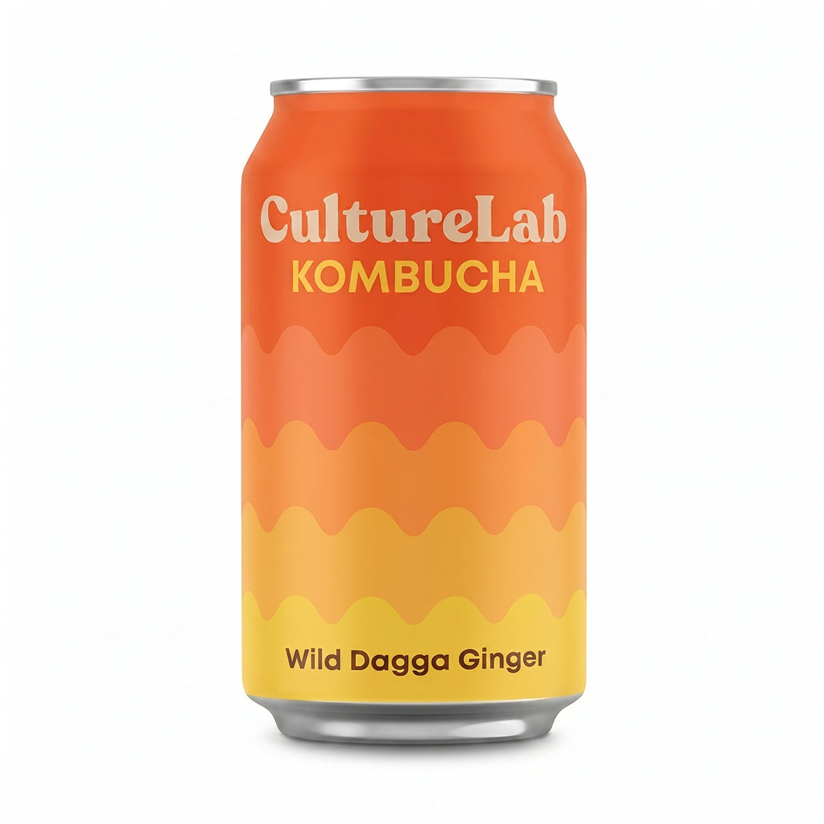 CultureLab Wild Dagga Ginger kombucha can with orange-to-yellow gradient and wavy pattern