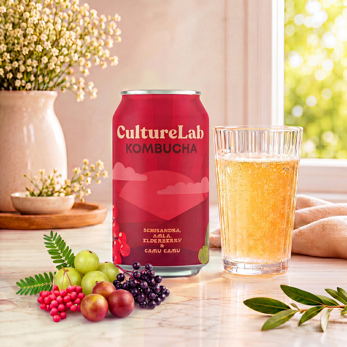 CultureLab kombucha can with schisandra, amla, elderberry and camu cam, beside a glass and mixed berries