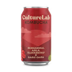 Red CultureLab kombucha can with schisandra, amla, elderberry and camu camu, front view