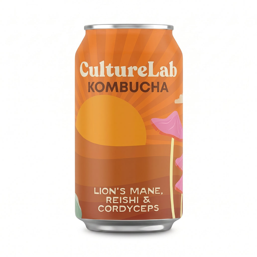 Orange CultureLab kombucha can labeled Lion's Mane, Reishi & Cordyceps on a white background
