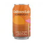 Orange CultureLab kombucha can labeled Lion's Mane, Reishi & Cordyceps on a white background