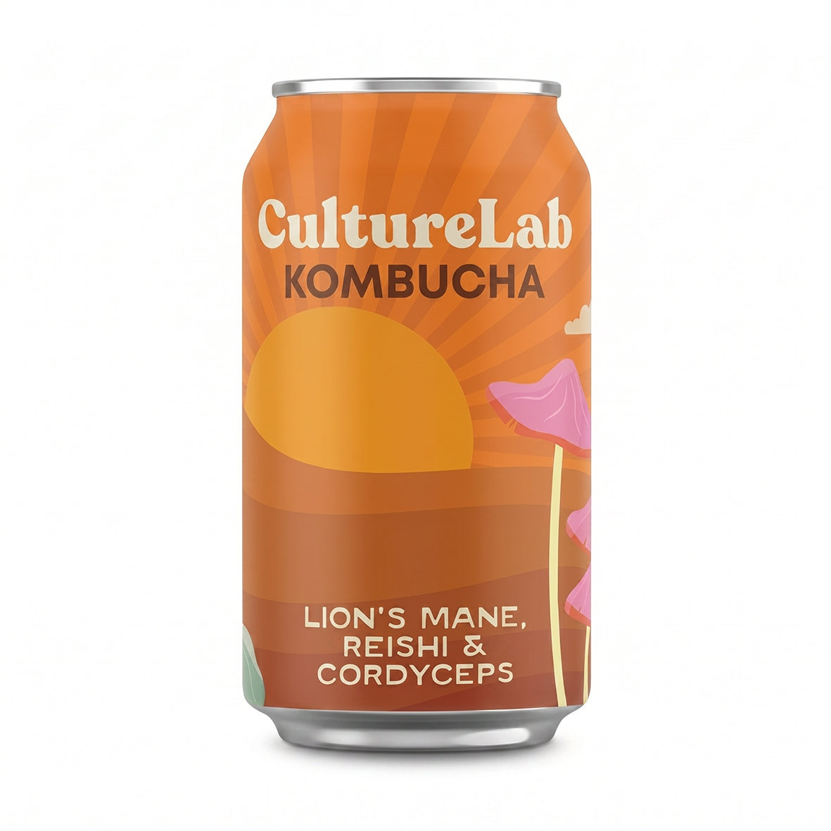 Orange CultureLab kombucha can labeled Lion's Mane, Reishi & Cordyceps on a white background