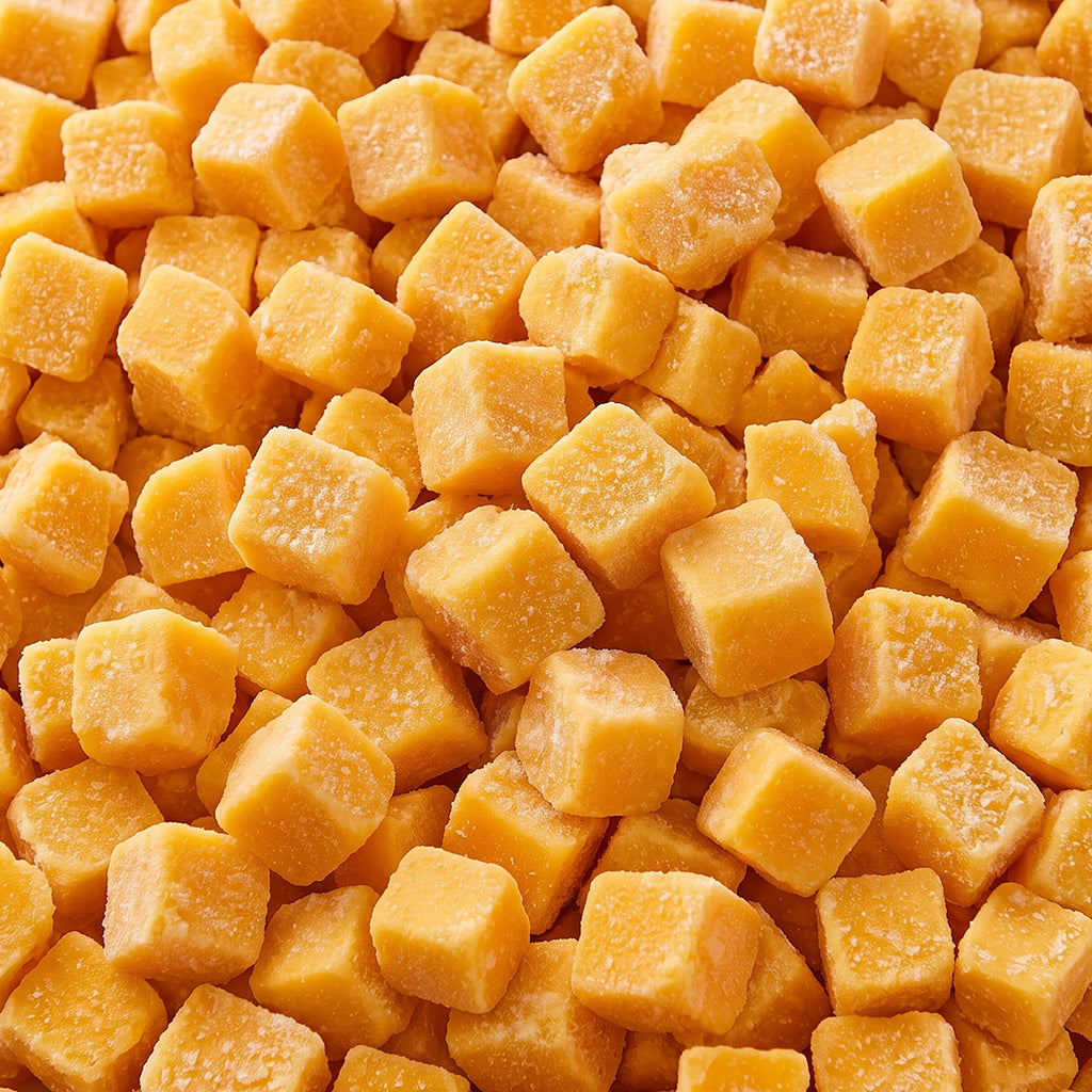 Close-up of orange frozen mango chunks covered with frost