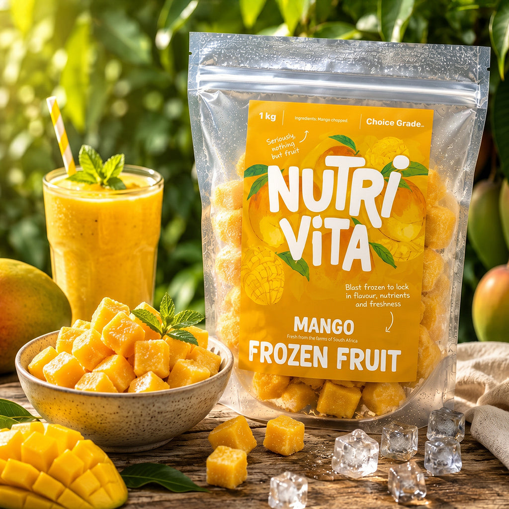 1 kg Nutri Vita mango frozen fruit pouch with mango cubes, fresh mango and a mango smoothie