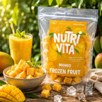 1 kg Nutri Vita mango frozen fruit pouch with mango cubes, fresh mango and a mango smoothie