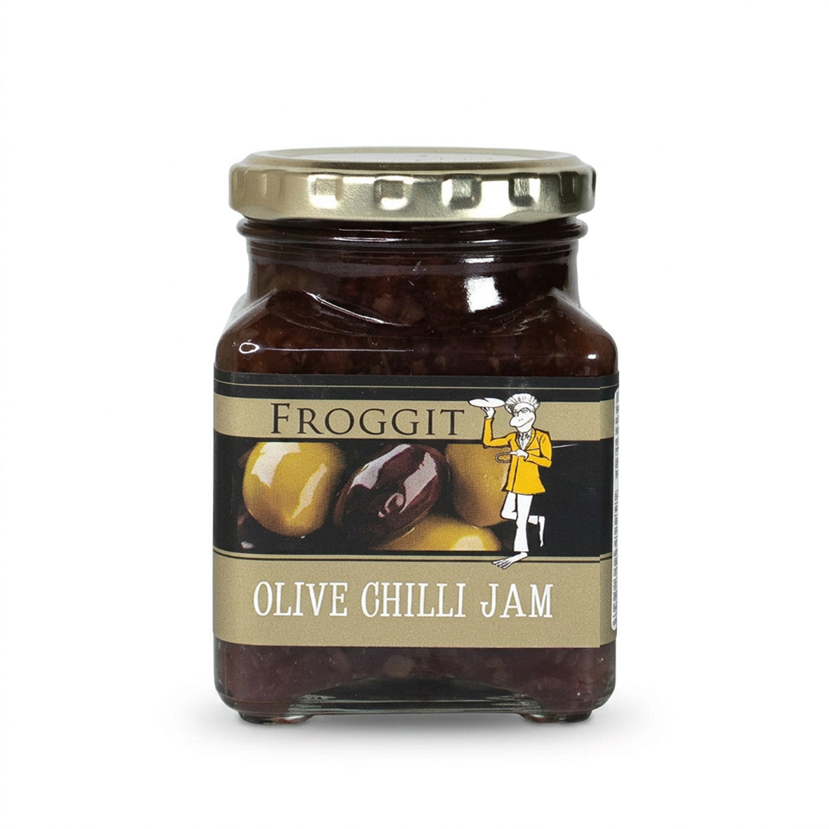 Froggit Olive Chilli Jam in a 260ml glass jar with a gold lid and olive-illustrated label