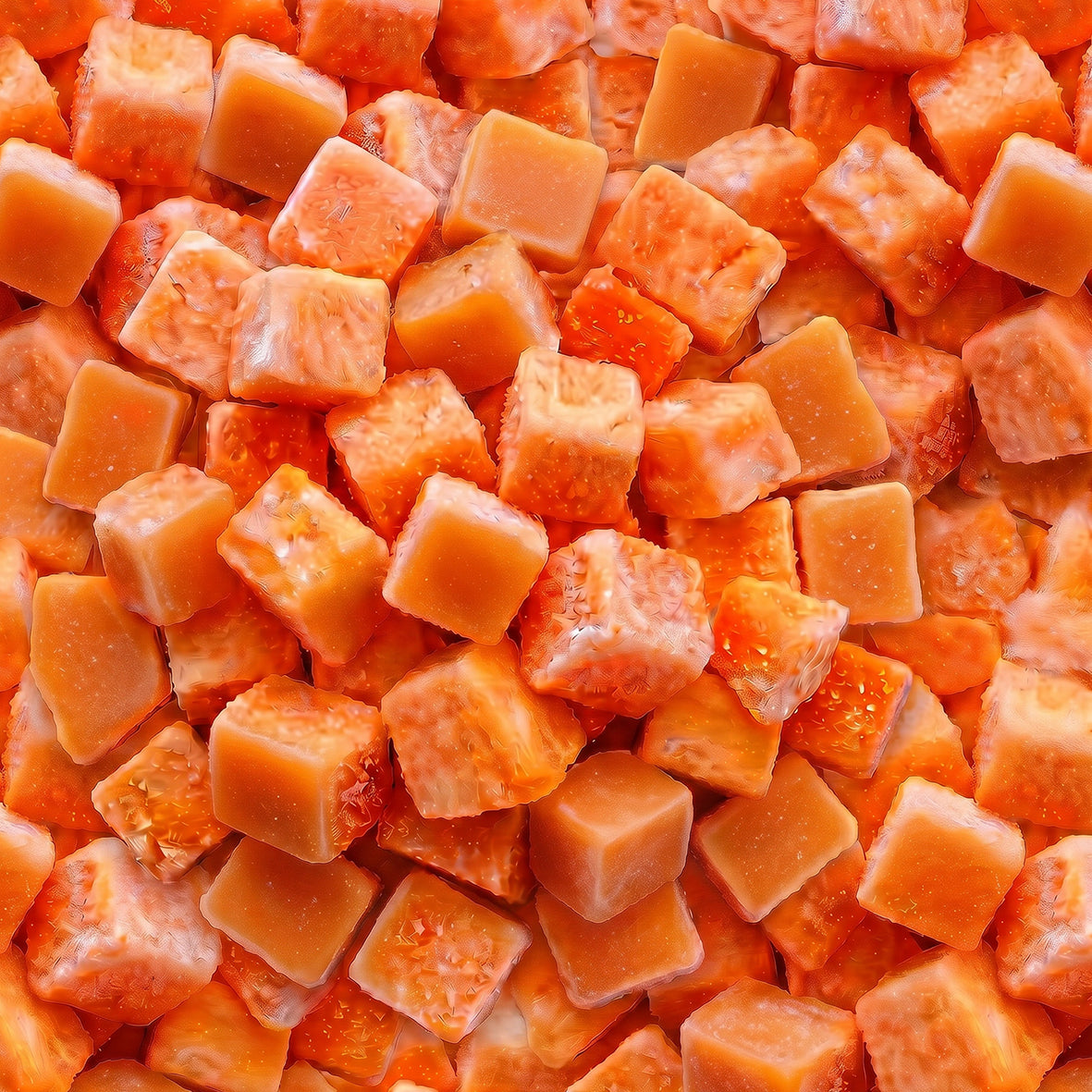 Close-up of orange frozen papaya chunks with visible frost
