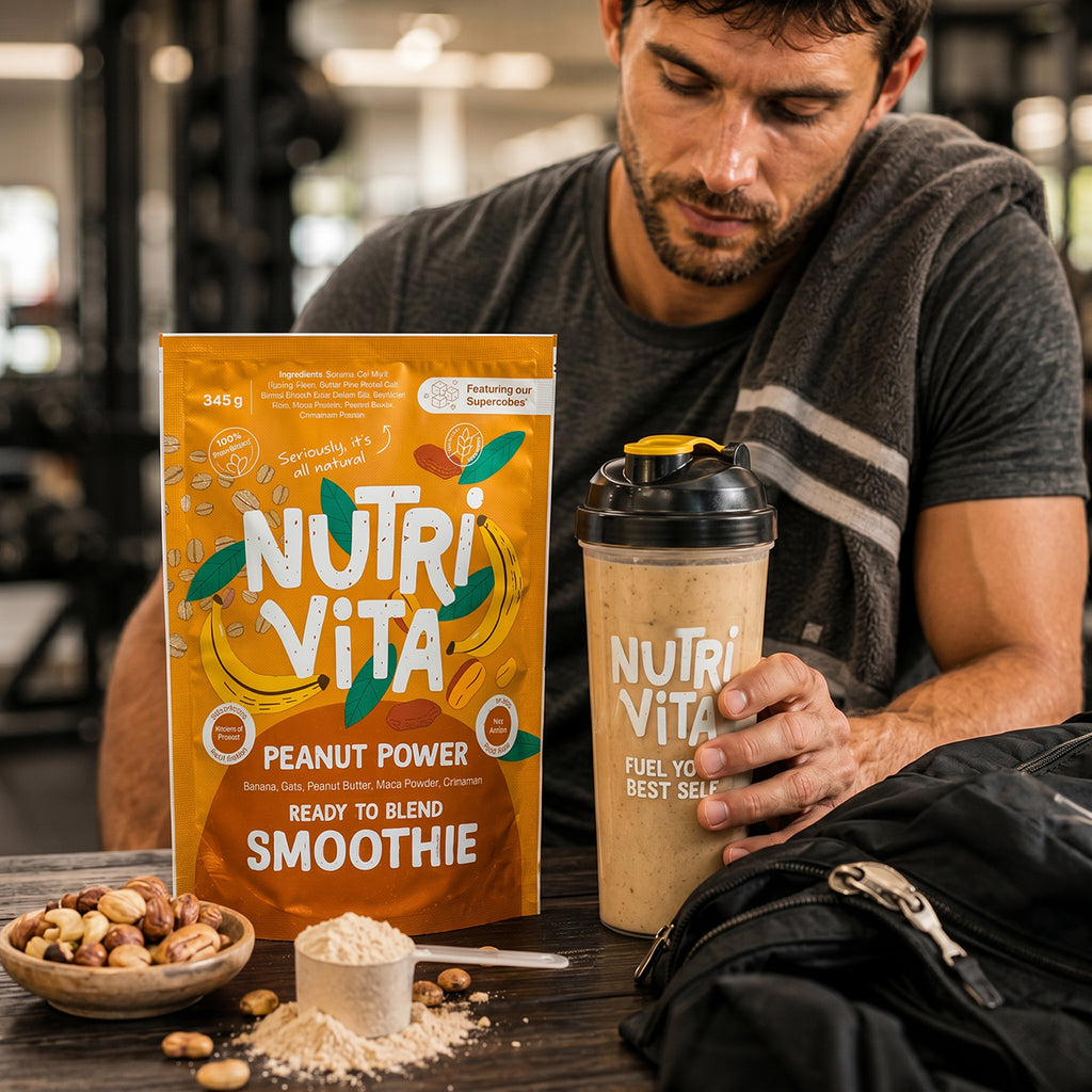 Nutri Vita Peanut Power smoothie mix pouch beside a man holding a filled shaker cup