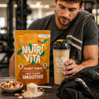 Nutri Vita Peanut Power smoothie mix pouch beside a man holding a filled shaker cup