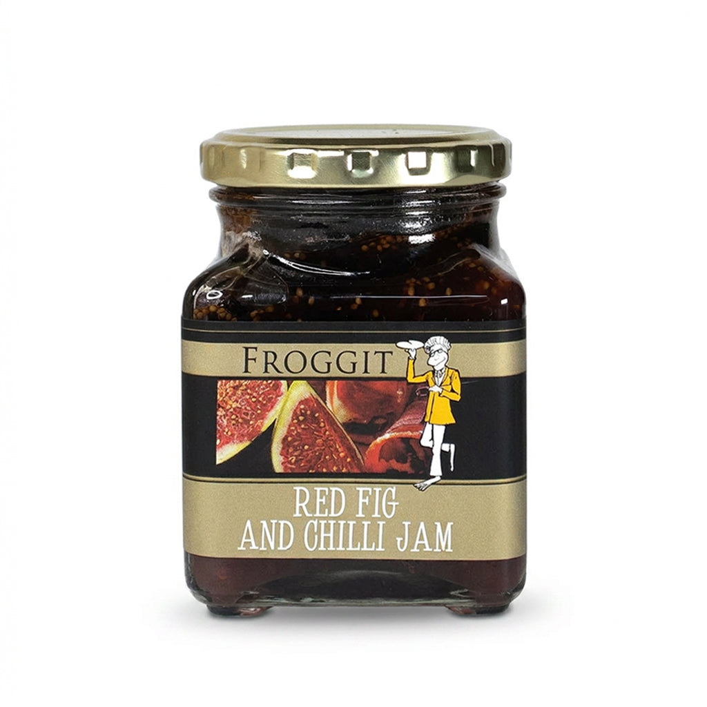 Froggitt red fig and chilli jam in a 260ml glass jar with gold lid