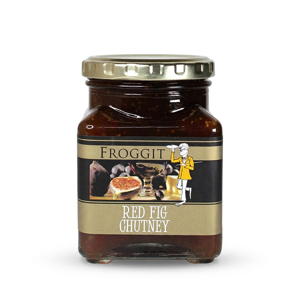 Froggit Red Fig Chutney in a 260ml glass jar with gold lid and illustrated label
