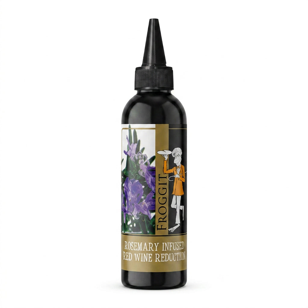 Black squeeze bottle of Froggit rosemary infused red wine reduction with floral label