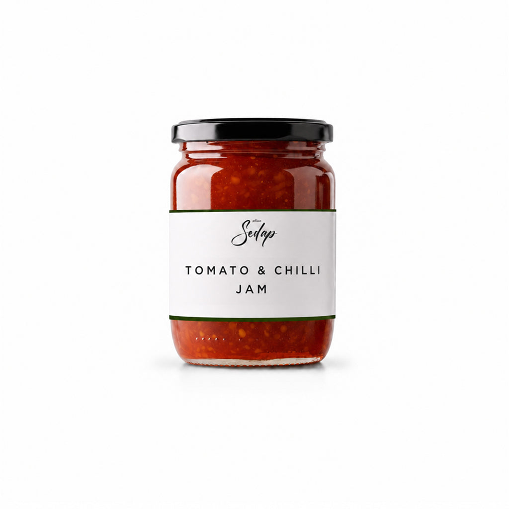 Jar of Downtown Deli tomato and chilli jam with a black lid and white label