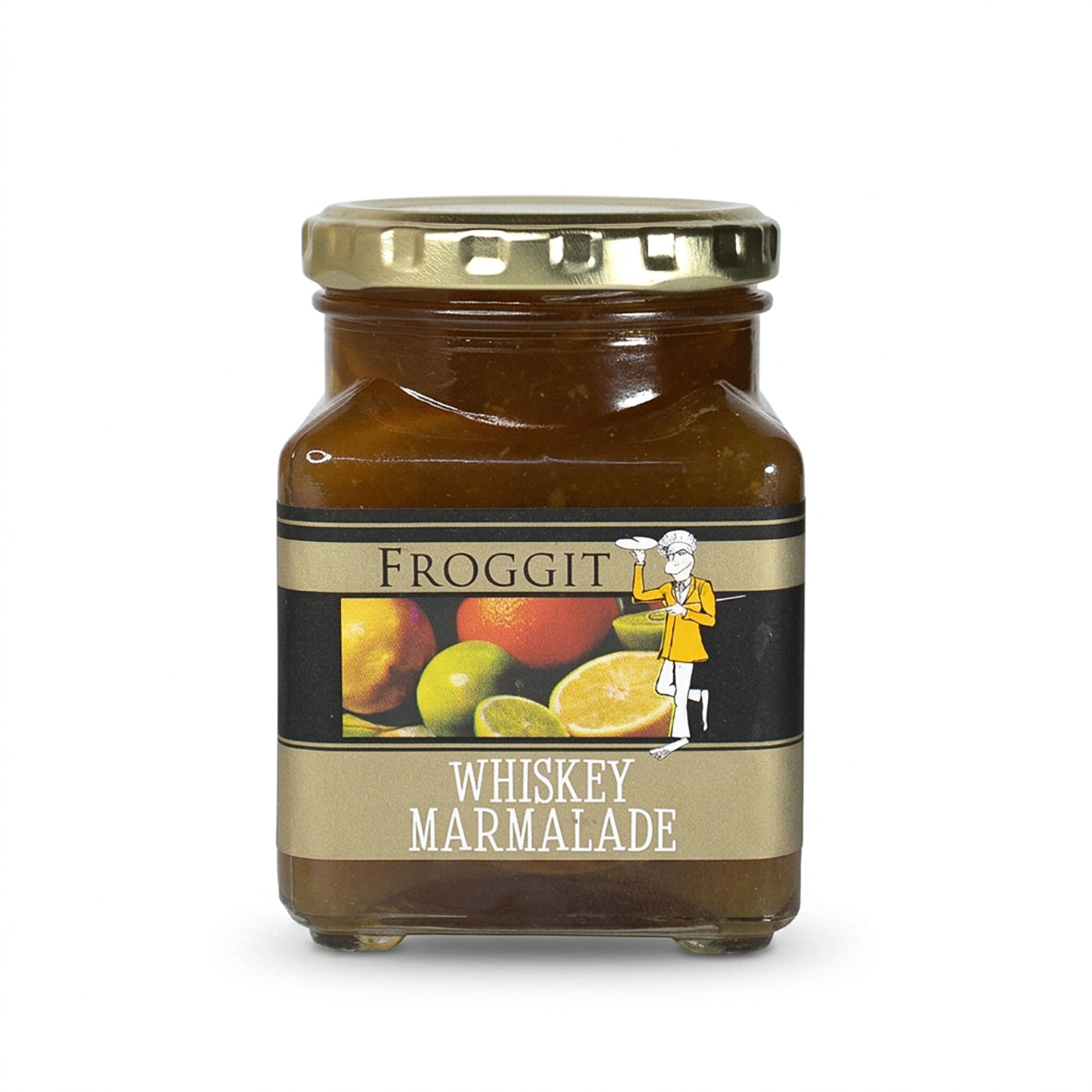 Froggit whiskey marmalade in a 260ml glass jar with gold lid and citrus fruit label